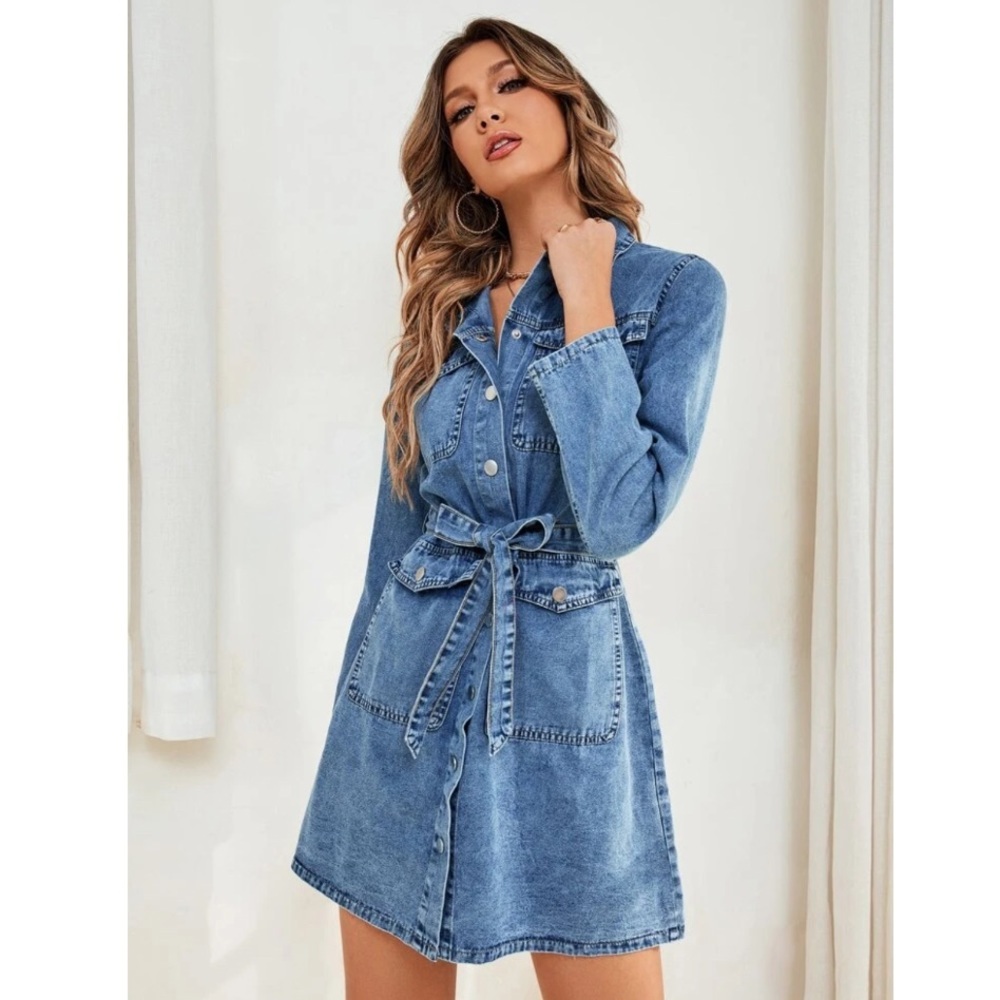 Blue Pocket Tie Denim Dress - Picture 4 of 7